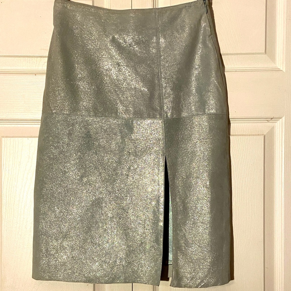 Jane Doe Collection Aqua Blue Metallic Genuine Leather Skirt sz M Front Slit